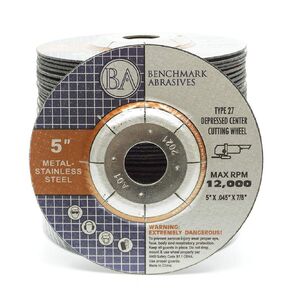 Benchmark Abrasives 5" T27 Depressed Center Cutting Wheels .045" Thick 7/8"Arbor, Metal Cutting Grinding Wheel, Angle Grinding Cutting Wheel Max. RPM 12,000-50 Pack