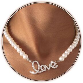 Pearl Choker Necklace Love Script Pendent Necklaces Chain Rhinestone Neck Jewelry Adjustable for Women and Girls