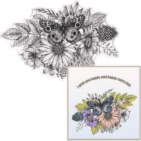 Spring Flower Background Clear Stamps for Card Making and Photo Album Decorations, Butterfly on Flowers Leaves Scenery Transparent Silicone Stamps for Crafting and DIY Scrapbooking