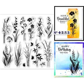 GLOBLELAND Plants Silhouettes Clear Stamps 5.91x5.91 inch Wildflowers Grass Silhouettes Silicone Clear Stamp Seals Nature Silhouette Transparent Stamps for DIY Scrapbooking Cards Making Journal
