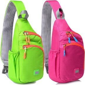 Peicees Small&Small Sling Backpack Waterproof Unisex Shoulder Bag Chest Crossbody Daypack, Pack of 2 Green&Pink