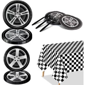 Racing Car Birthday Party Decorations, 81Pcs Car Wheel Party Supplies, Dinner Plates, Dessert Plates, Tire Napkins, Forks, Checkered Tablecloth for Kids' Racing Sports Themed Birthday Party, Serves 20