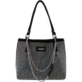 Womens Rhinestones Shoulder Tote Bag Faux Suede Crystal Glitter Handbag Top Handle with Chains Underarm Satchel