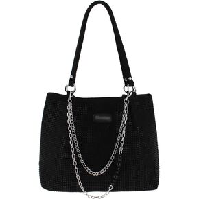 Womens Rhinestones Shoulder Tote Bag Faux Suede Crystal Glitter Handbag Top Handle with Chains Underarm Satchel