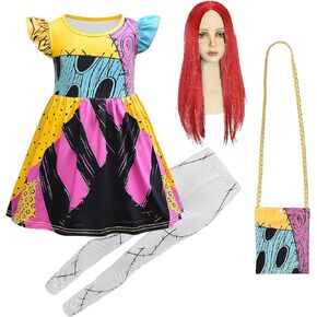 4PCS Kids Sally Costume Girls Christmas Sally Dress Wig Bag Tights Cosplay Accessories for Halloween
