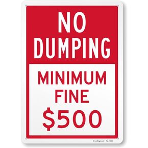 SmartSign No Dumping Minimum Fine 500 Sign - 2 Pack, 18 x 12 inch, 2mm Aluminum Composite, Pre-Drilled Holes, Red and White, Made in USA