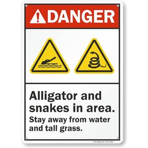 SmartSign 12 x 10 inch “Alligator And Snakes In This Area - Stay Away From Water" Yard Sign with 3 Foot Stake, 40 mil Laminated Rustproof Aluminum, Multicolor, Made in USA