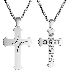 24 Inch Stainless Steel Cross Chain Necklace with Bible Verse Phil 4:13 Jewelry Gift for Men Boys,Teammate or coach gifts.