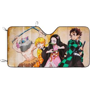 Demon Slayer Characters Accordion Sunshade for Windshield | Foldable Sun Visor Protector for Cars, Trucks, SUVs | Blocks UV Rays and Sun Glare | Anime Manga Gifts and Collectibles | 64 x 32 Inches