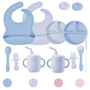 10 Pcs Baby Led Weaning Supplies Silicone Baby Feeding Set - 2 Pack Silicone Divided Suction Plate and 2 Pack Tiny Cup with 2 Set Toddler Spoons & Forks，2 Bibs，Baby feeding essentials（Blue）