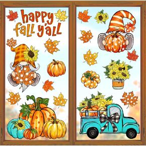 Whaline 6 Sheet Fall Window Clings Blue-Orange Pumpkin Gnome Truck Reusable Window Decals for Autumn Harvest Thanksgiving School Office Supplies Glass Home Decor