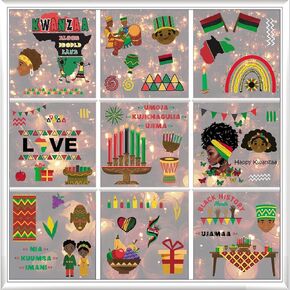 9 Sheets Kwanzaa Window Clings Kwanzaa Static Window Stickers, Happy Kwanzaa Words Bendera Kinara Decals for African Americans Black Power Movement Kwanzaa Holiday Indoor Window Decoration Supplies