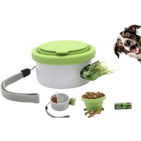Travel Dog Bowls, 3 in 1 Design Dog Travel Feeding Bowl, Treat Container with Collapse Bowl&Dog Poop Bag Holder, Foldable Feeding Watering Dish for Traveling Camping Walking Parks, with 1 Poop Bag