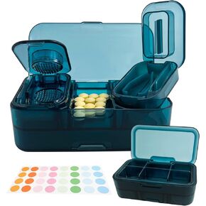 Bougimal Pill Organizer with Crusher and Cutter, Portable 3 in 1 Medicine Organizer Waterproof and Moisture-Proof, Large Capacity Pill Box with 9 Compartments Air Tight and DIY Note Labels, Black