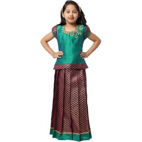 Ashwini Readymade Indian Girls Green Color Pattu Pavadai | Indian Ethnic Kids Wear