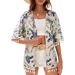 Verdusa Women's Tropical Print Tassel Trim Open Front Half Sleeve Kimono