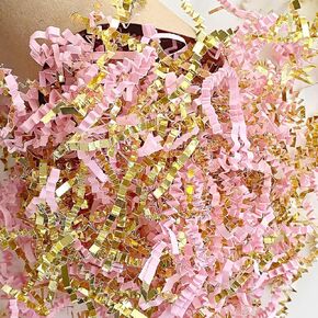 4oz Gift Wrap Crinkle Cut Filler Paper Shred, Gold + Pink Crinkle Paper Shredded Paper Stuffing for Gift Wrapping Basket Box Filling Birthday Mother's Day Gifts Wedding Anniversary Christmas
