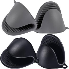 2 Pairs Mini Oven Gloves Silicone Heat Resistant Cooking Pinch Mitts Potholder for Kitchen Cooking & Baking (Black and Grey)
