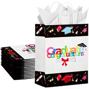 ECOHOLA 10" Medium Graduation Gift Bags with Handles and Tissue Papers, 16 Pieces Bulk Pack for Graduation Season Themed Party Supplies Graduation Party Favor Gifts Wrapping Bags
