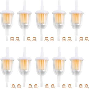Universal 1/4" x 5/16" Gas Inline Fuel Filters with Hose Clamps for Lawnmower, Snowblower, Go Kart, Scooter, Motorcycle, ATV, and More Small Engines, 10 Pack