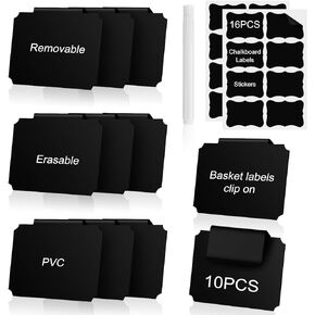 27 PCS Basket Labels Clip On Set, Storage Bin Labels for Storage Bin, Basket Tags, Basket Bin Clips, Clip On Labels for Storage Bins, 10 Removable Bin Labels Clip On, 1 Chalk Markers, 16 Tag Stickers
