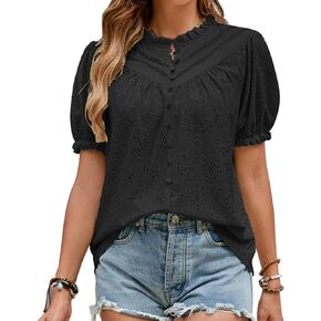 Women's Summer Tops Dressy Casual Short Lantern Sleeve Blouses V Neck Buttons Lace Eyelet Tops Shirts 2024