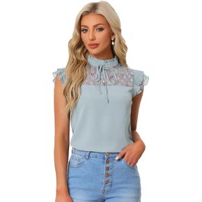 Allegra K Women's Elegant Work Tie Ruffle Stand Collar Top Contrast Lace Panel Short Sleeve Blouse