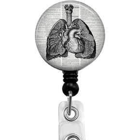Lungs and Heart on Book Badge Reel,Retractable Name Card Badge Holder with Alligator Clip, Medical MD RN Nurse Badge ID,Office Employee Name Badge, Badge Holder, Black
