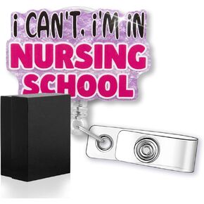 I Can't, I'm in Nursing School Funny Glitter Badge Reel with ID Clip, Retractable Badge Holder for RN CNA LPN LVN Nurse School Future Nurse, Graduation Gifts for Nursing Student