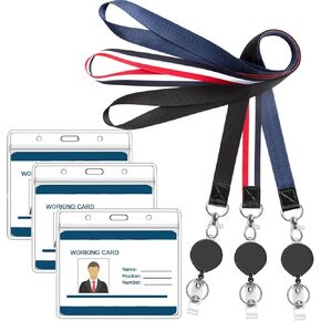 3 Pack Cruise Neck Lanyards with Vertical Clear ID Badges Holder and Retractable Badge Reel,for Office,id Card,Keys,Black,Blue,Red&White