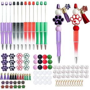 KnvsS Pet Paw Themed Beadable Pens Bulk Bead Pens with Assorted Colors Beads Pen DIY Making Kit Multicolor Ballpoint Pen Black Ink for Women Office School