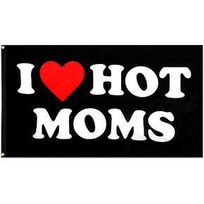 Mabor I Love Hot Moms Flag Funny Decoration Banner for Room Indoor Outdoor Black I Love Moms Flag for Mother'S Day Birthday Tapestry Gifts