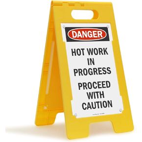 SmartSign 24 x 18 inch “Danger - Hot Work In Progress, Proceed With Caution" Two-Sided BabyBoss A-Frame Sign Kit, Plastic, Multicolor (1 A-Frame + 2 Sign Panels), Made in USA