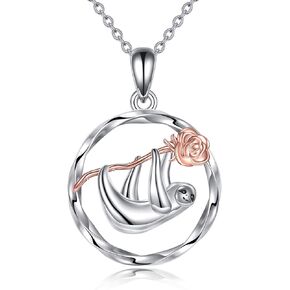 Sloth Pendant Necklace Rose Flower Necklace Sterling Silver Girls Sloth Jewelry Cute Animal Necklace for Women