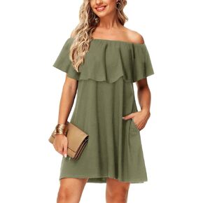 Women's Off Shoulder Dresses Cotton Loose Vacation Sexy Overlay Tshirt Dress Green S