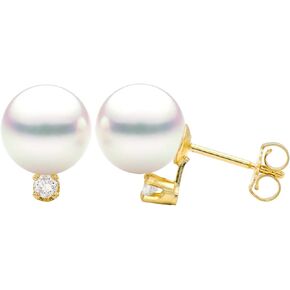 14K Gold 7.5-8mm White Akoya Saltwater Cultured Pearl Diamond Stud Earrings AAAA Quality