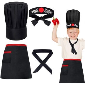 Kids Hibachi Chef Hat Teppanyaki Tall Chef Cap With Hachimaki Headband Tie Apron for Hibachi Birthday Party Costume