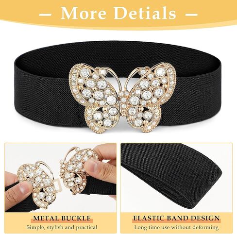 Women Elastic Belt, Rhinestone Stretch Belt Adjustable Elastic Belt with Butterfly Buckle for Jeans Pants Dress in Saudi Arabia