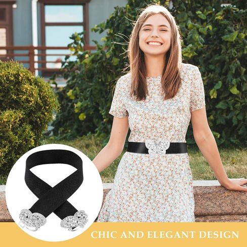 Women Elastic Belt, Rhinestone Stretch Belt Adjustable Elastic Belt with Butterfly Buckle for Jeans Pants Dress in Saudi Arabia