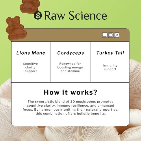 Mushroom Complex Gummies with Lion's Mane, Nootropic Brain Supplements for Memory & Focus: Lions Mane, Cordyceps, Shiitake, Turkey Tail, Reishi, Chaga, Enoki, Oyster Mushrooms, Immune Support 60 Units in Saudi Arabia