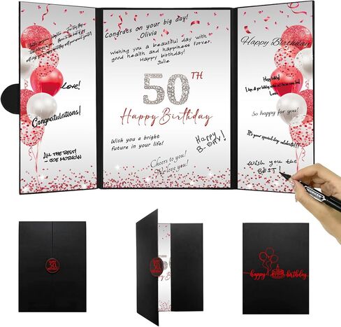 DARUNAXY Red 50th زينة حفلة عيد الميلاد، أسود أحمر سعيد عيد ميلاد 50th بديل توقيع كتاب الضيوف للرجال والنساء هتافات حتى 50 عامًا من الهدايا القديمة 50 عيد ميلاد توقيع بطاقة لوازم الحفلات in Kuwait