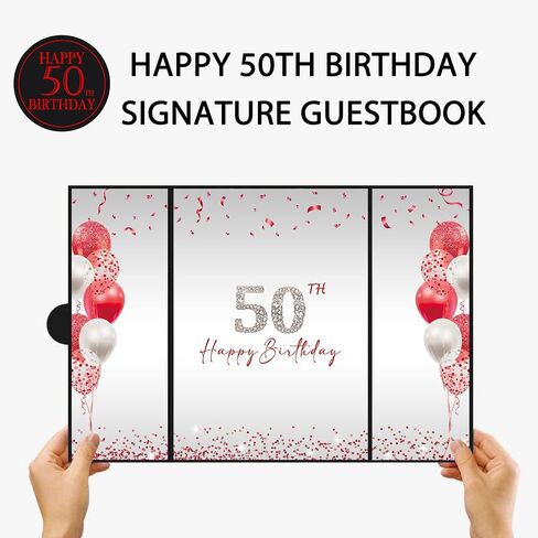 DARUNAXY Red 50th زينة حفلة عيد الميلاد، أسود أحمر سعيد عيد ميلاد 50th بديل توقيع كتاب الضيوف للرجال والنساء هتافات حتى 50 عامًا من الهدايا القديمة 50 عيد ميلاد توقيع بطاقة لوازم الحفلات in Kuwait