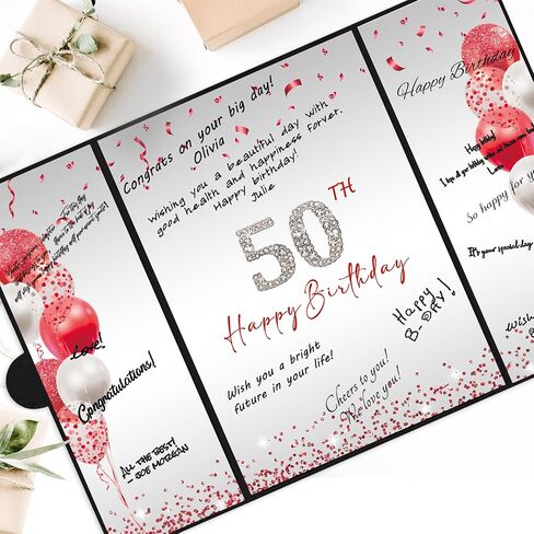 DARUNAXY Red 50th زينة حفلة عيد الميلاد، أسود أحمر سعيد عيد ميلاد 50th بديل توقيع كتاب الضيوف للرجال والنساء هتافات حتى 50 عامًا من الهدايا القديمة 50 عيد ميلاد توقيع بطاقة لوازم الحفلات in Kuwait