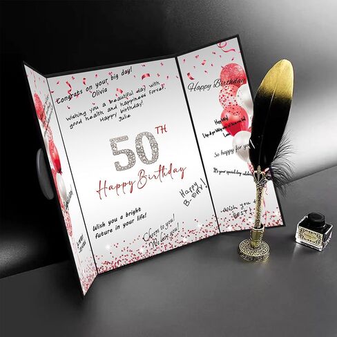 DARUNAXY Red 50th زينة حفلة عيد الميلاد، أسود أحمر سعيد عيد ميلاد 50th بديل توقيع كتاب الضيوف للرجال والنساء هتافات حتى 50 عامًا من الهدايا القديمة 50 عيد ميلاد توقيع بطاقة لوازم الحفلات in Kuwait