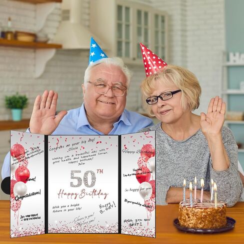 DARUNAXY Red 50th زينة حفلة عيد الميلاد، أسود أحمر سعيد عيد ميلاد 50th بديل توقيع كتاب الضيوف للرجال والنساء هتافات حتى 50 عامًا من الهدايا القديمة 50 عيد ميلاد توقيع بطاقة لوازم الحفلات in Kuwait