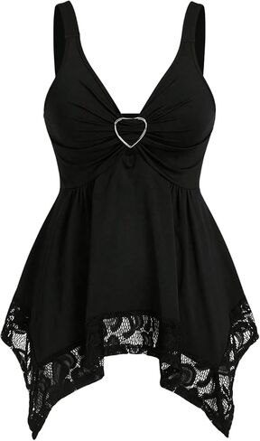 SHENHE Women's Heart Ring Lace Trim V Neck Tank Asymmetrical Flowy Goth Tank Top in Kuwait