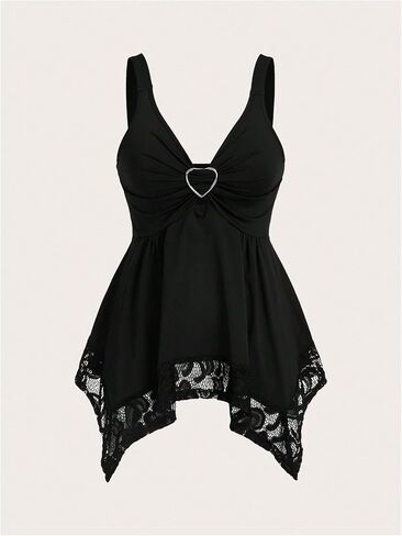 SHENHE Women's Heart Ring Lace Trim V Neck Tank Asymmetrical Flowy Goth Tank Top in Kuwait