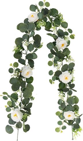 2 Pack Artificial Eucalyptus Garland Faux Silk Leaf Silver Dollar Eucalyptus Leaves Vines Handmade Garland Greenery Wedding Backdrop Indoor Outdoor Arch Wall Decoration in Saudi Arabia