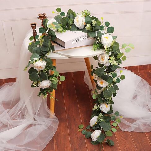 2 Pack Artificial Eucalyptus Garland Faux Silk Leaf Silver Dollar Eucalyptus Leaves Vines Handmade Garland Greenery Wedding Backdrop Indoor Outdoor Arch Wall Decoration in Saudi Arabia