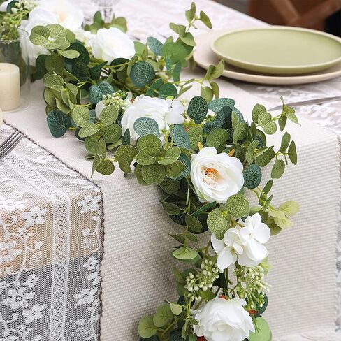 2 Pack Artificial Eucalyptus Garland Faux Silk Leaf Silver Dollar Eucalyptus Leaves Vines Handmade Garland Greenery Wedding Backdrop Indoor Outdoor Arch Wall Decoration in Saudi Arabia